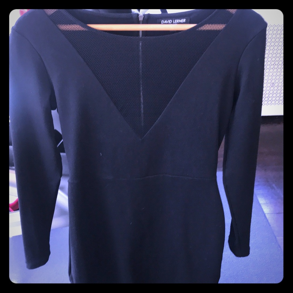 David Lerner black mini dress with sheer v neck